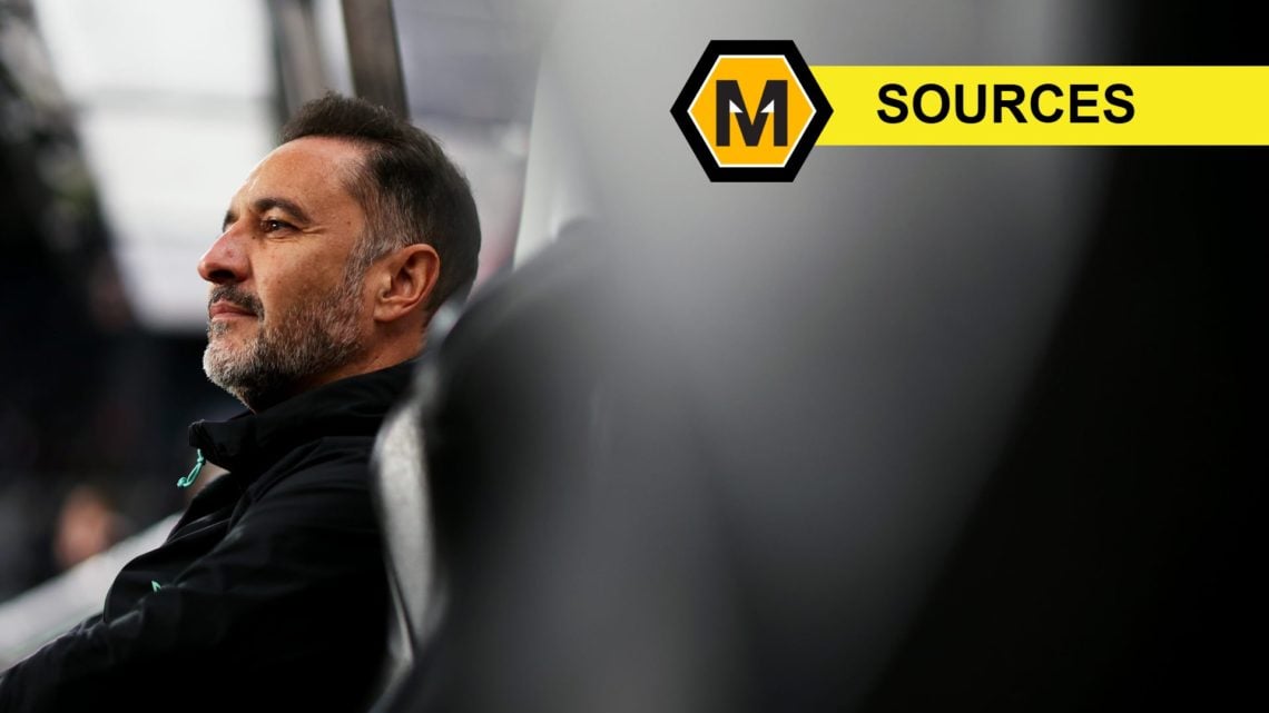 Wolves manager Vitor Pereira sitting in the dugout with 'SOURCES' label and Molineux News logo (top right).
