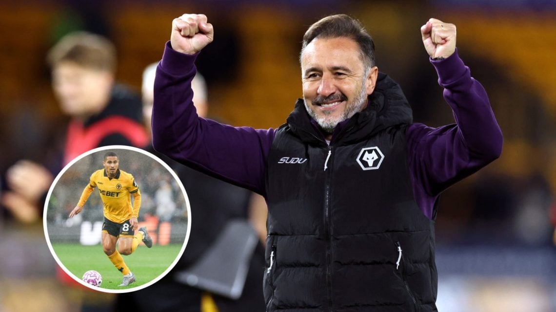 Vitor Pereira with his arms in the air. Joao Gomes on the ball.