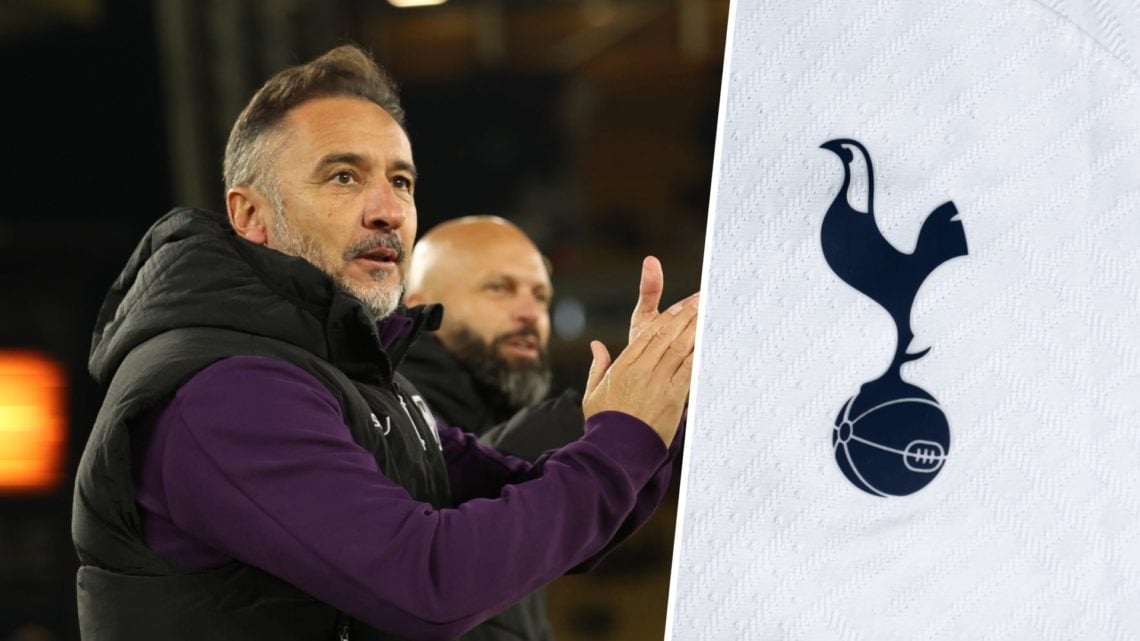 Left: Vitor Pereira applauding Wolves fans Right: Tottenham Hotspur badge