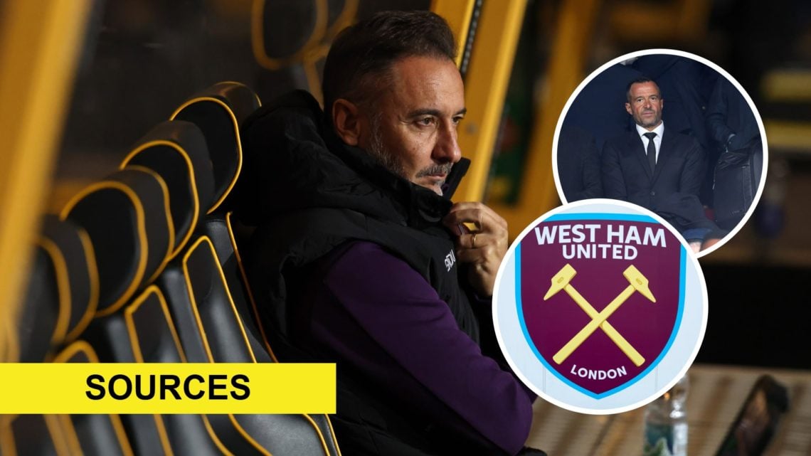 Vitor Pereira looks on from the dugout at Molineux (left), West Ham United badge (lower inset), Jorge Mendes watches on at Selhurst Park (upper inset)