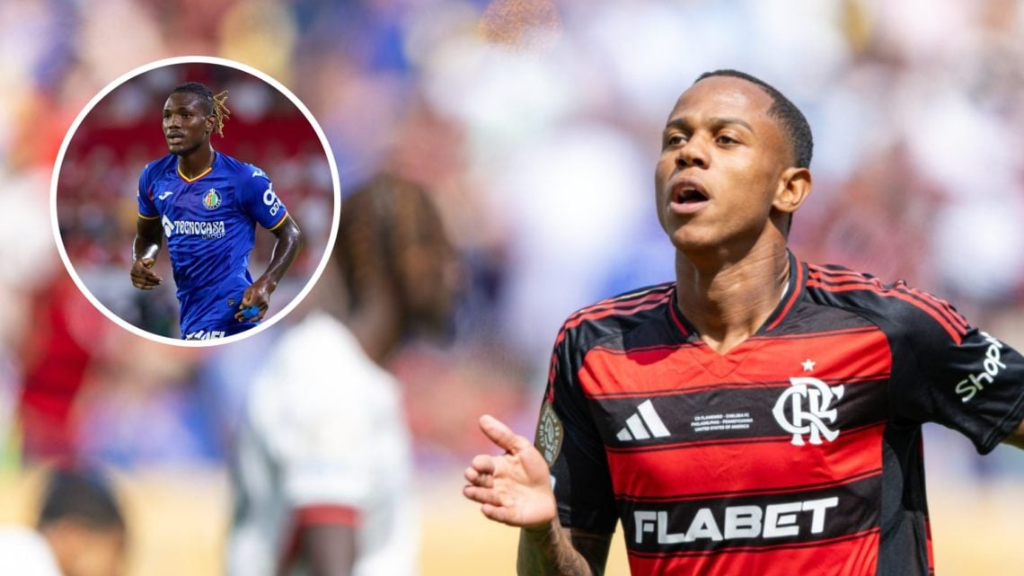 Wallace Yan playing for Flamengo (right), Christantus Uche playing for Getafe (inset)