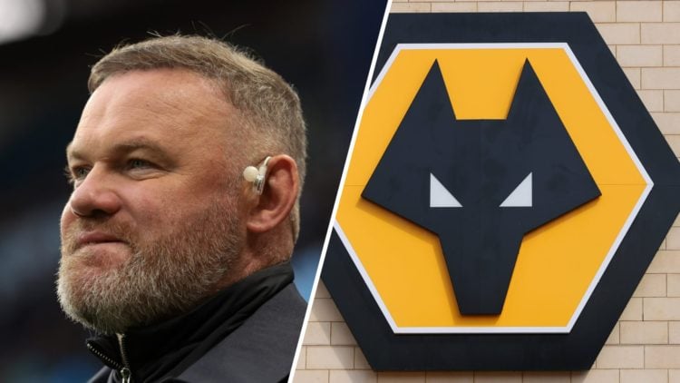 Pundit Wayne Rooney looks on (left), Wolves badge (right)