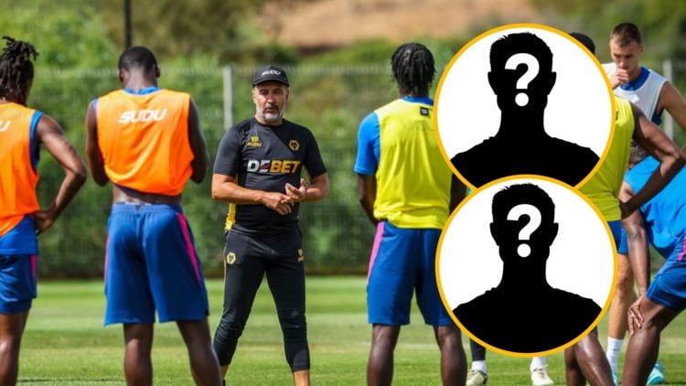 Main: Vitor Pereira talking to Wolves squad during training session Overlay: Mystery player Overlay: Mystery player