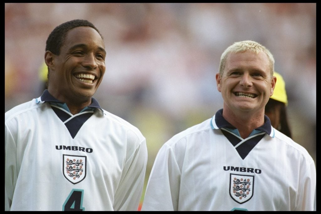 Paul Ince and Paul Gascoigne playing for England.