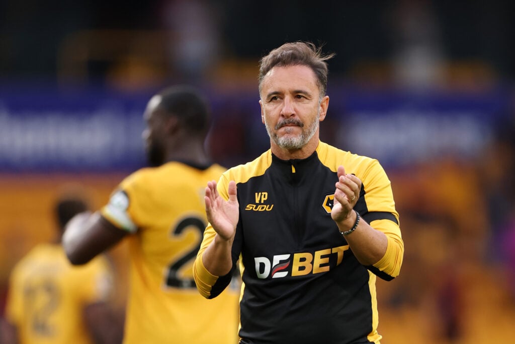 Vitor Pereira applauds fans at Molineux.