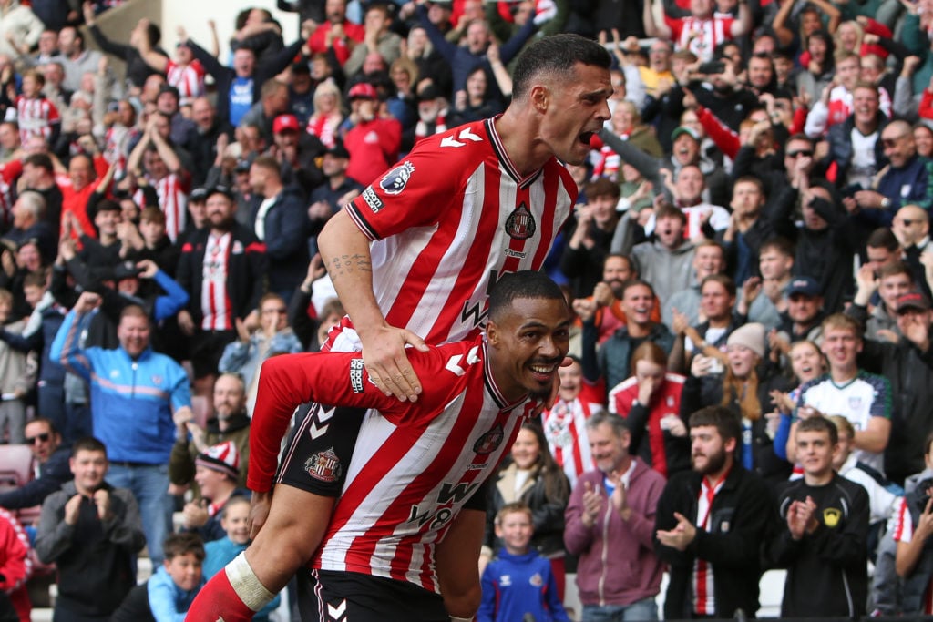 Wilson Isidor and Granit Xhaka of Sunderland celebrate their first goal during the Premier League match between Sunderland and Aston Villa at the Stadium Of Light