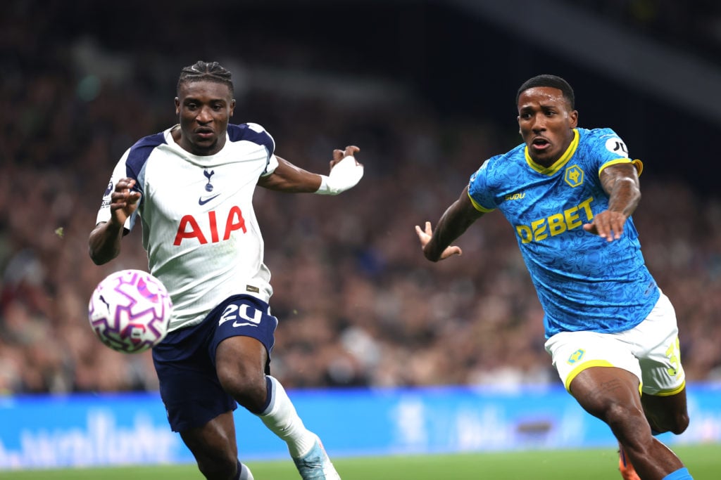 Jackson Tchatchoua fights for the ball against Tottenham.