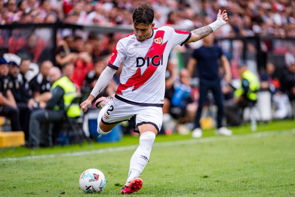 Andrei Ratiu of Rayo Vallecano plays with the ball during the LaLiga EA Sports football match between Rayo Vallecano and Sevilla FC
