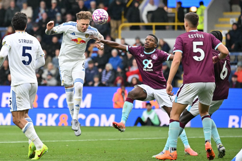 Joe Rodon heads a shot on goal against Burnley