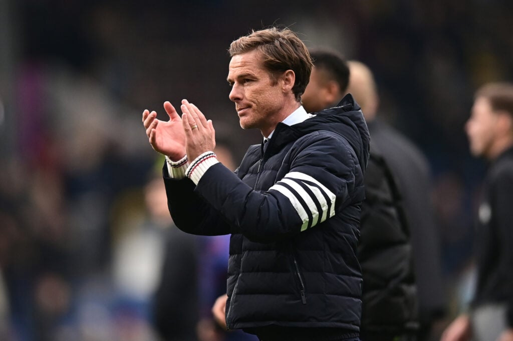 Scott Parker applauds the fans at the end of the Premier League match between Burnley and Leeds United