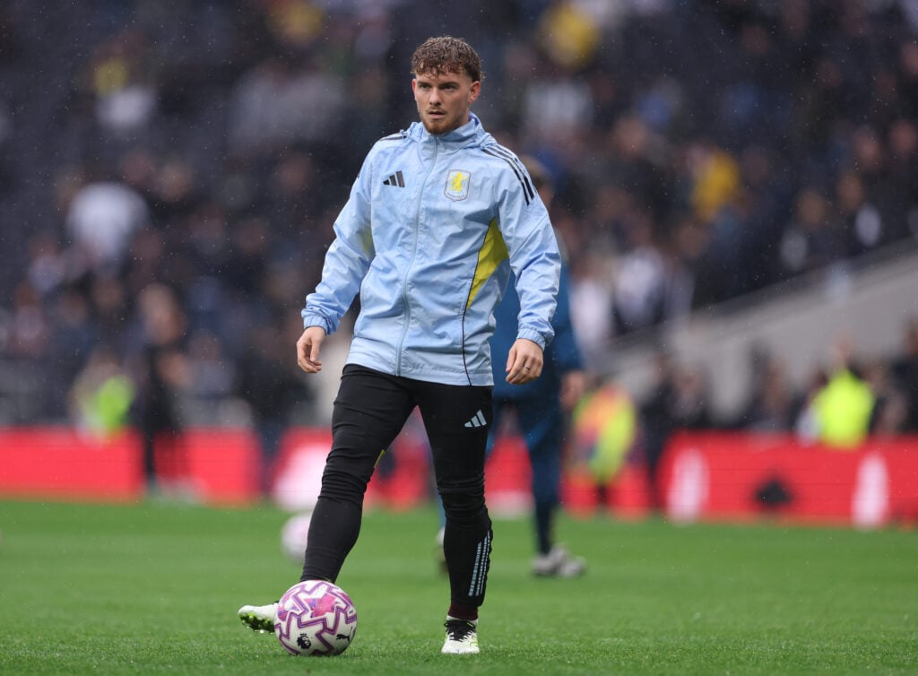 Harvey Elliott of Aston Villa warms up ahead of the Premier League match between Tottenham Hotspur and Aston Villa at Tottenham Hotspur Stadium
