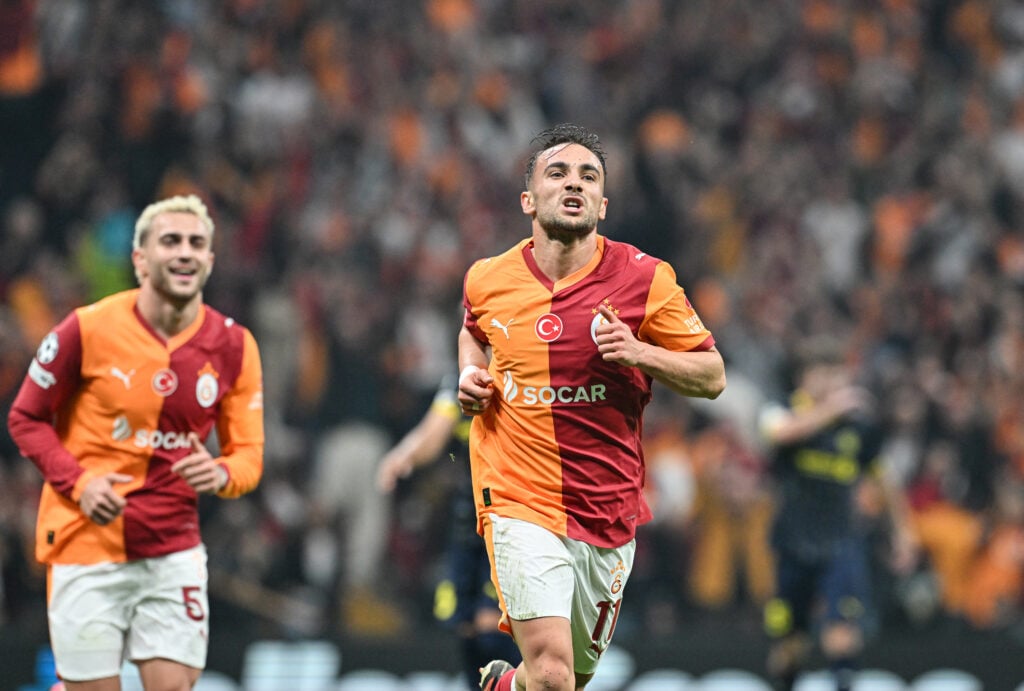 Yunus Akgun celebrates after scoring for Galatasaray.