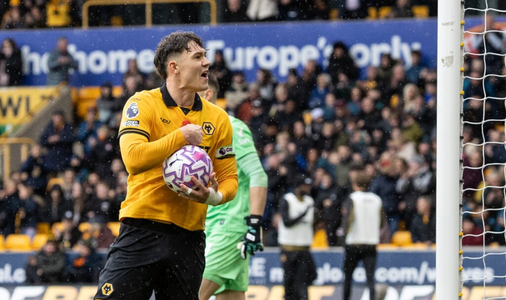 Jorgen Strand Larsen celebrates scoring a penalty