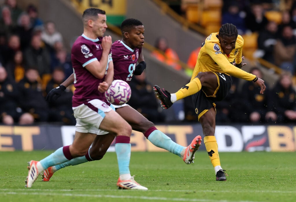 Jean-Ricer Bellegarde takes a shot for Wolves against Burnley.