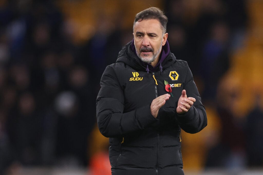 Vitor Pereira applauds fans at Molineux.