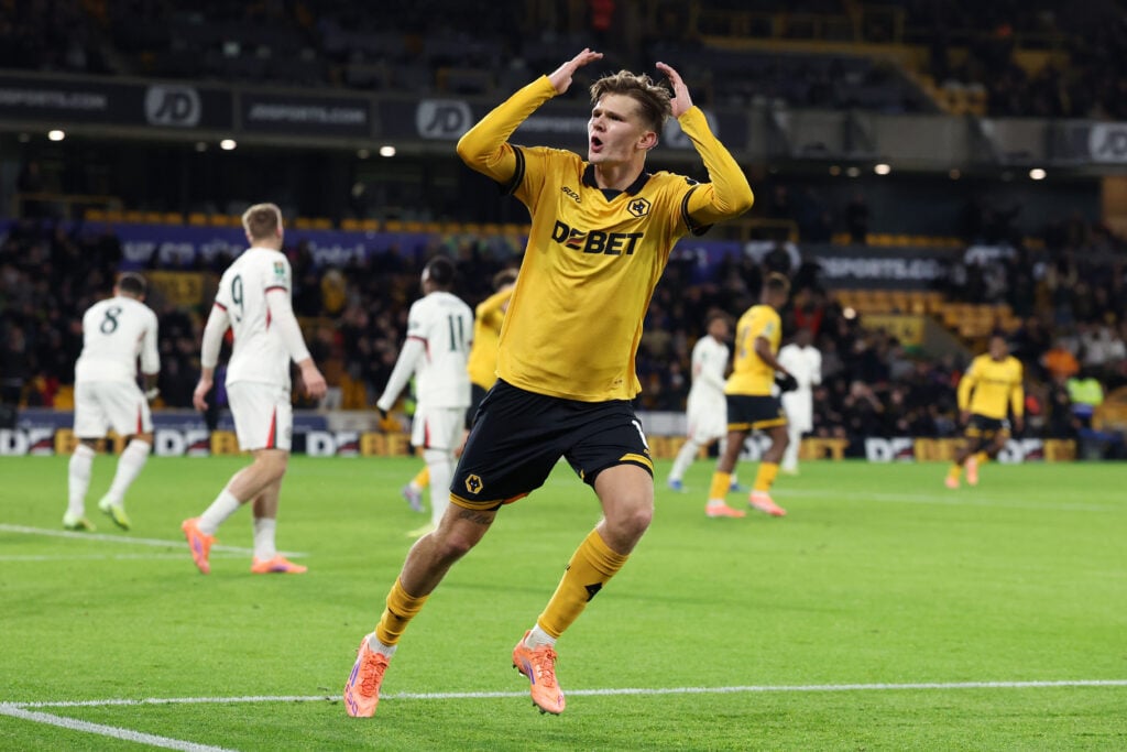 avid Moller Wolfe of Wolverhampton Wanderers celebrates scoring his team's second goal during the Carabao Cup against Chelsea