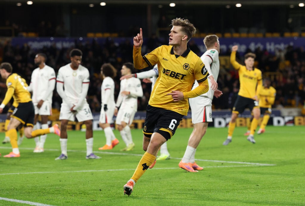 David Moller Wolfe celebrates scoring for Wolves against Chelsea.