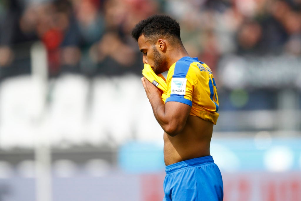 Philemon Ofosu-Ayeh of Braunschweig after the Second Bundesliga match between Hannover 96 and Eintracht Braunschweig
