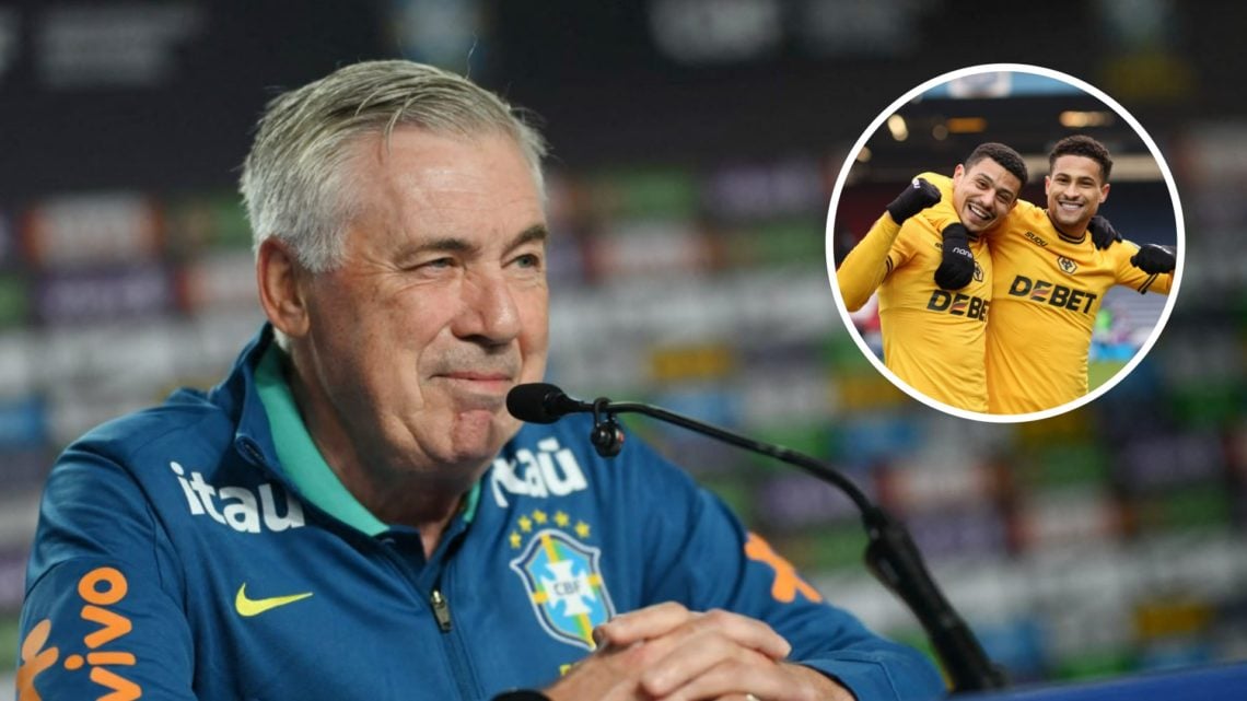 Brazil manager Carlo Ancelotti smiles in a press conference (left), Andre and Joao Gomes smiling in Wolves shirts (inset)