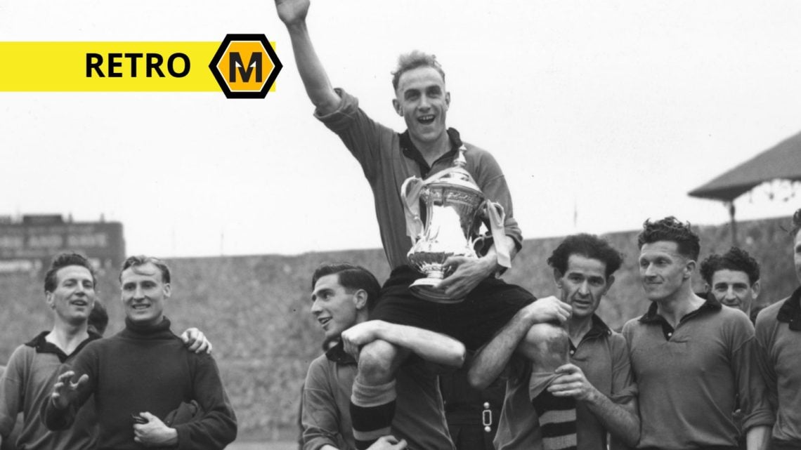 Main: Wolverhampton Wanderers captain, Billy Wright, and the FA Cup trophy are held aloft by the Wolves team Label: Retro label with Molineux News ...