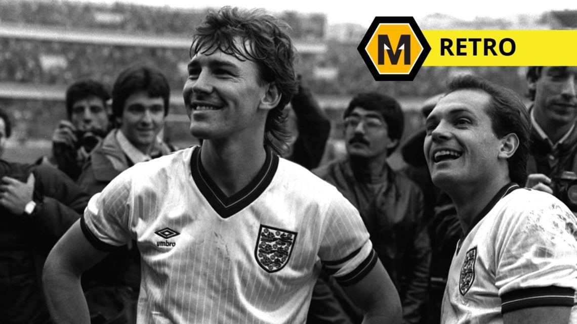 Main: Captain Bryan Robson smiling with Ray Wilkins after England beat Turkey 8-0 Label: Retro with Molineux News logo