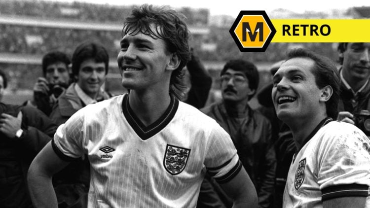Main: Captain Bryan Robson smiling with Ray Wilkins after England beat Turkey 8-0 Label: Retro with Molineux News logo