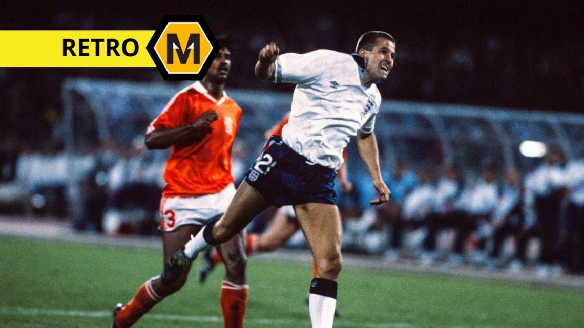 Main: Steve Bull of England in action against the Netherlands Label: Retro label with Molineux News logo