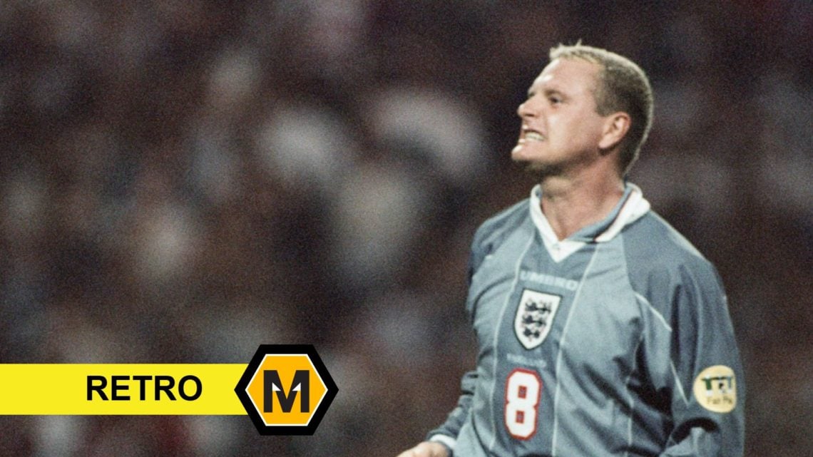 Paul Gascoigne playing for England (right), retro banner (bottom left), Molineux News logo (bottom left)