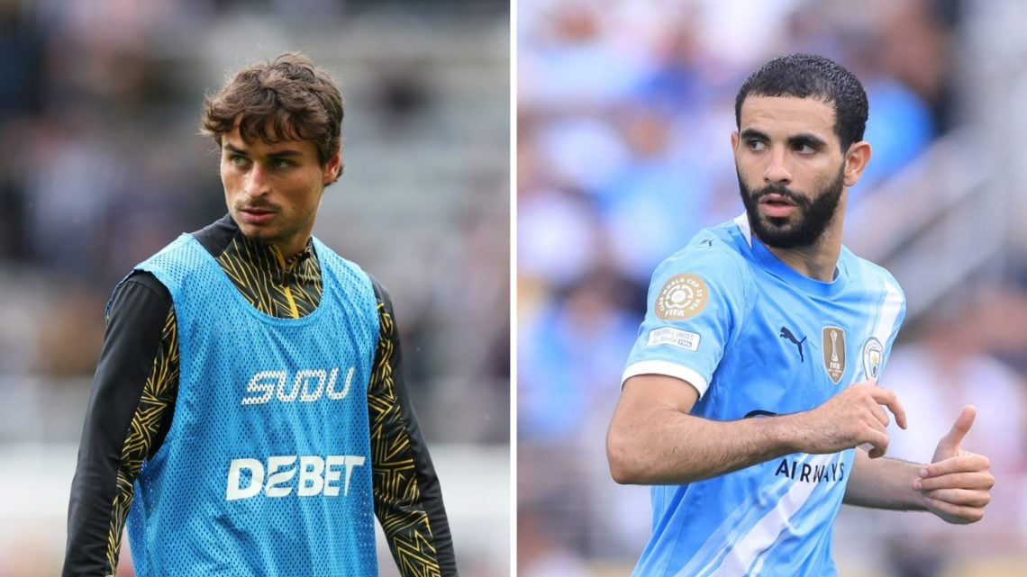 Hugo Bueno warming up for Wolves (left), Rayan Ait-Nouri playing for Manchester City (right)