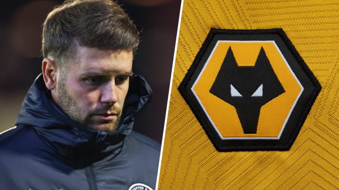 Left: Fabian Hurzeler looking down during Brighton & Hove Albion vs Barnsley in Carabao Cup Right: Wolves crest