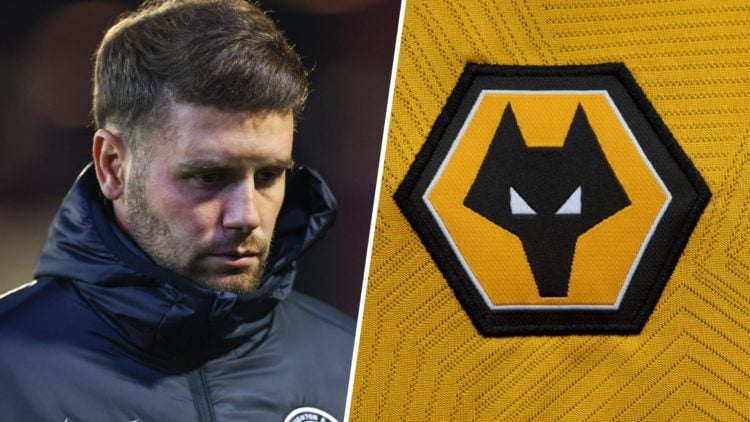 Left: Fabian Hurzeler looking down during Brighton & Hove Albion vs Barnsley in Carabao Cup Right: Wolves crest