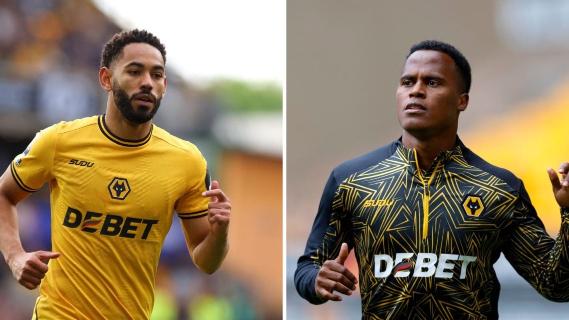 Jhon Arias (right) warming up for Wolves and Matheus Cunha (left) playing a game at Molineux.
