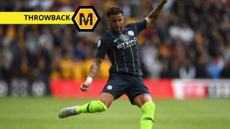 Main: Kyle Walker crossing the ball against Wolves Label: Throwback label Logo: Molineux News