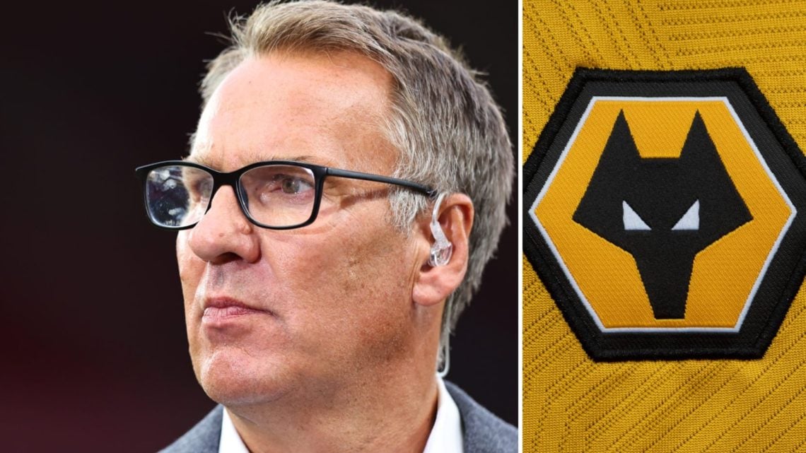 Left: Paul Merson looks on while working as a pundit Right: Wolves crest