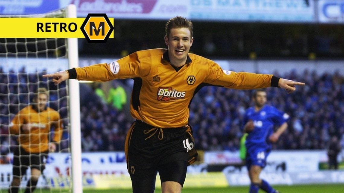 Main: Kenny Miller celebrating scoring a goal for Wolves Label: Retro with Molineux News logo