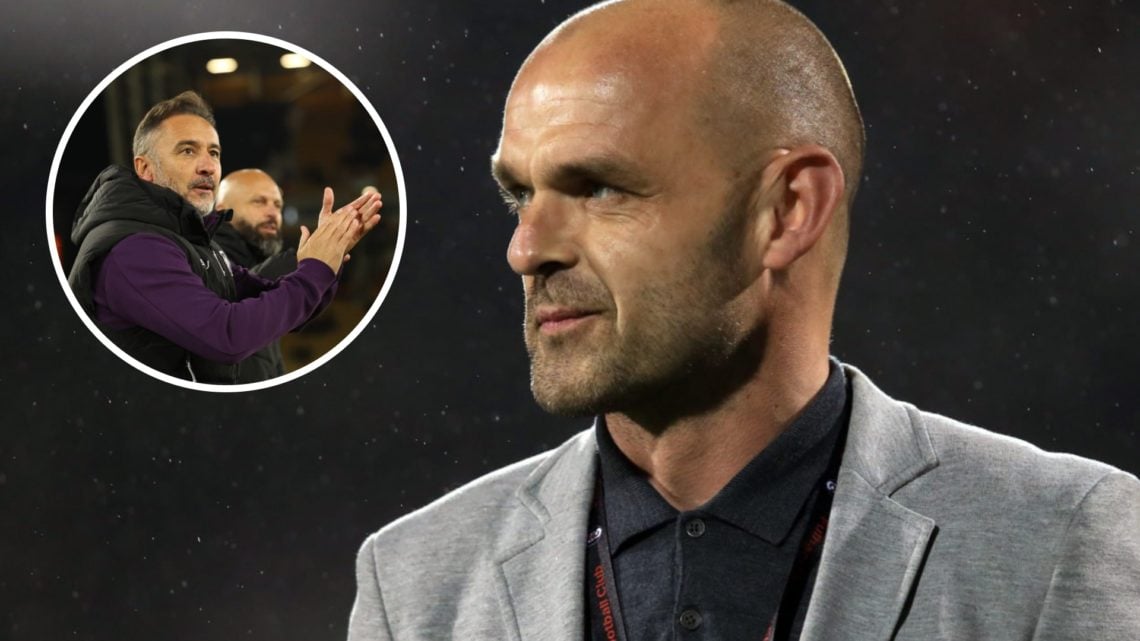 Main: Danny Murphy working as a pundit at a Fulham game Overlay: Vitor Pereira applauding Wolves supporters