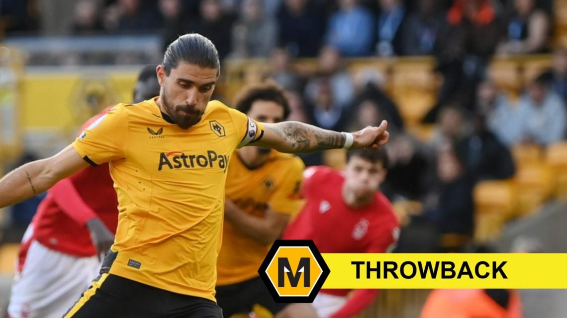 Ruben Neves scores a penalty for Wolves against Nottingham Forest (left), throwback banner (bottom right), Molineux News logo (bottom right)