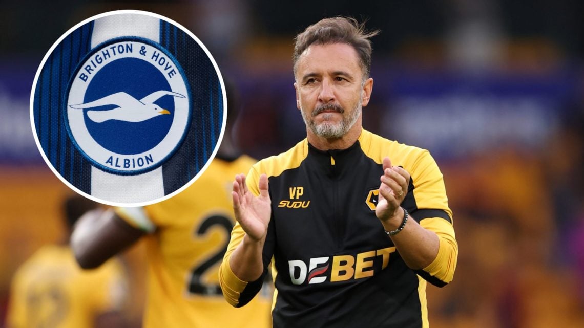 Main: Vitor Pereira applauding the Wolves fans Overlay: Brighton crest