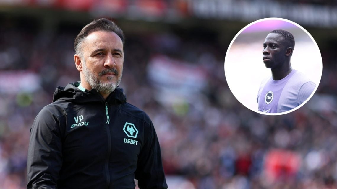Wolves manager Vitor Pereira looks on at Old Trafford (left), Yankuba Minteh playing for Brighton (inset)