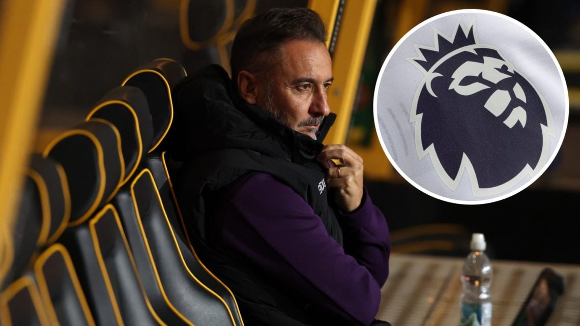 Main: Vitor Pereira looks on from the dugout as Wolves play Overlay: Premier League logo