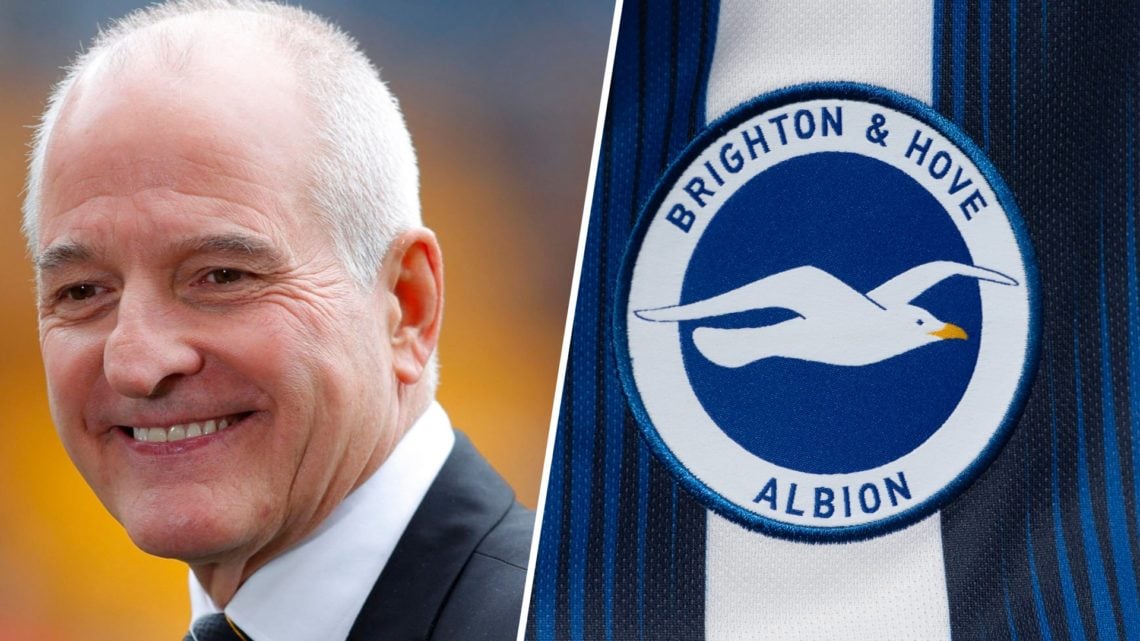 Left: Steve Bull smiling ahead of Wolves playing a game at Molineux Right: Brighton and Hove Albion crest
