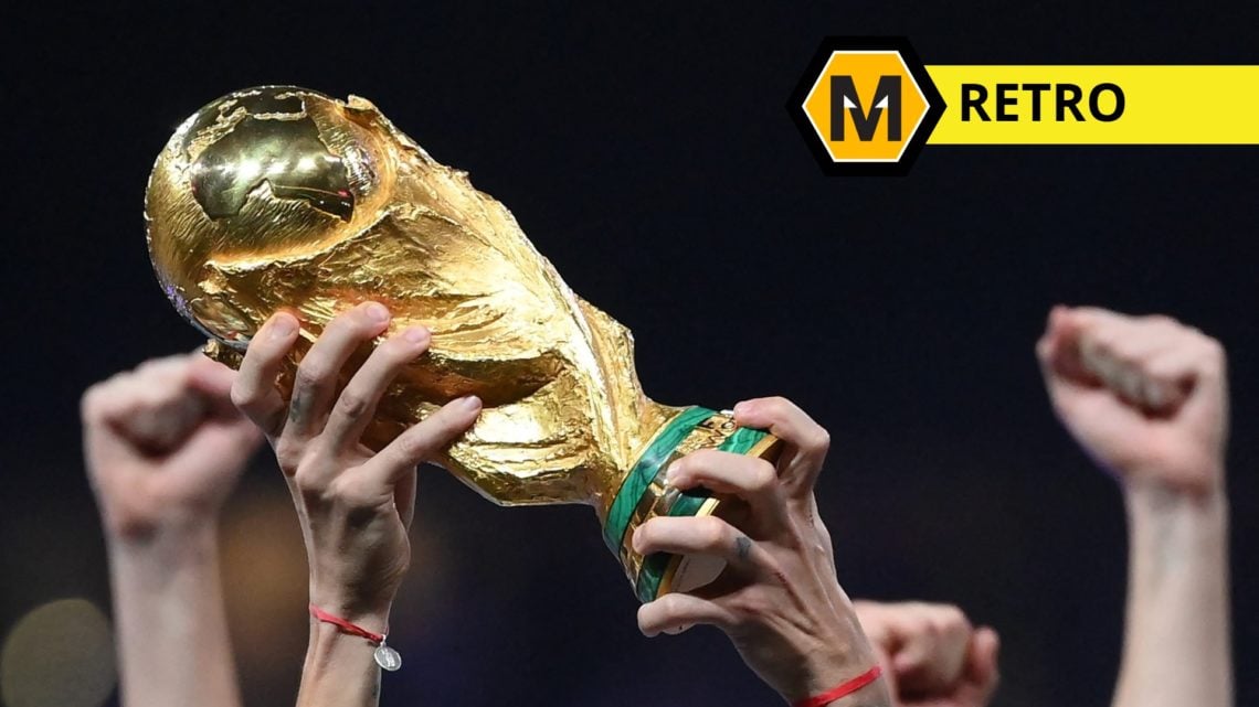 Main: World Cup trophy being lifted by Argentinian players in 2022 Label: Retro label with Molineux News logo