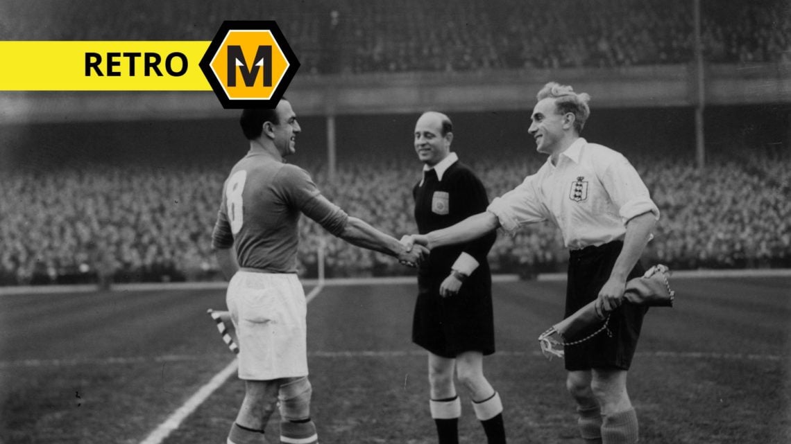 Main: Lauro Amado, the Swiss captain, shaking hands with England captain and Wolves player Billy Wright Label: Retro with Molineux news logo