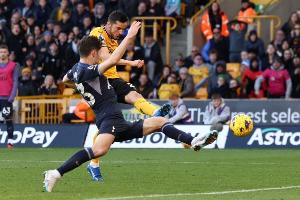 Pablo Sarabia scores for Wolves against Tottenham.
