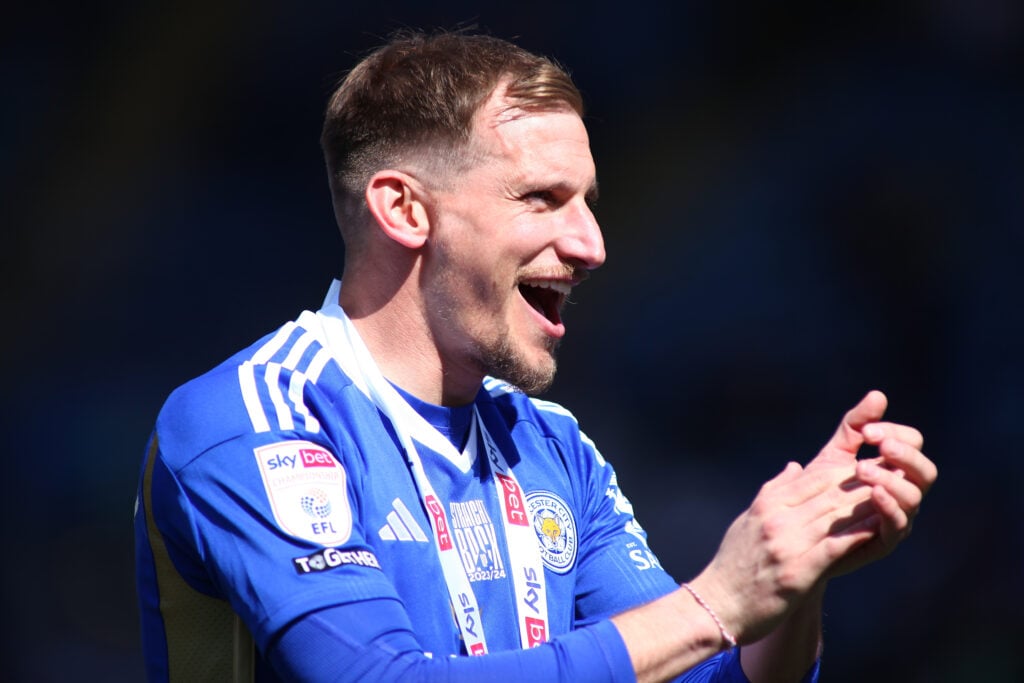 Marc Albrighton of Leicester City celebrates winning the Championship