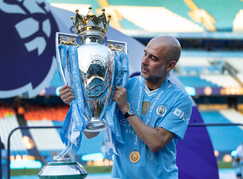 Pep Guardiola celebrating the Premier League title