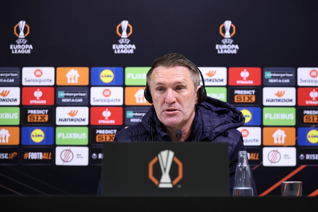 Ferencvaros manager Robbie Keane speaking at a press conference.