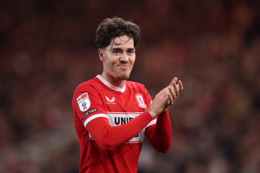 Hayden Hackney claps fans while playing for Middlesbrough.