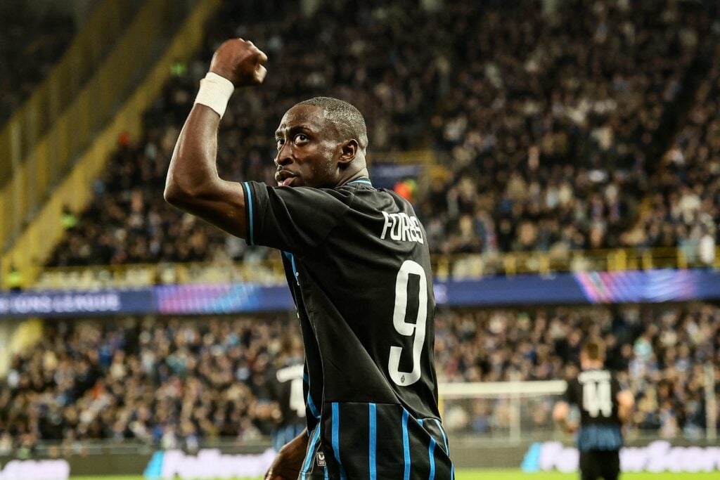 Carlos Forbs celebrates after scoring for Club Brugge.