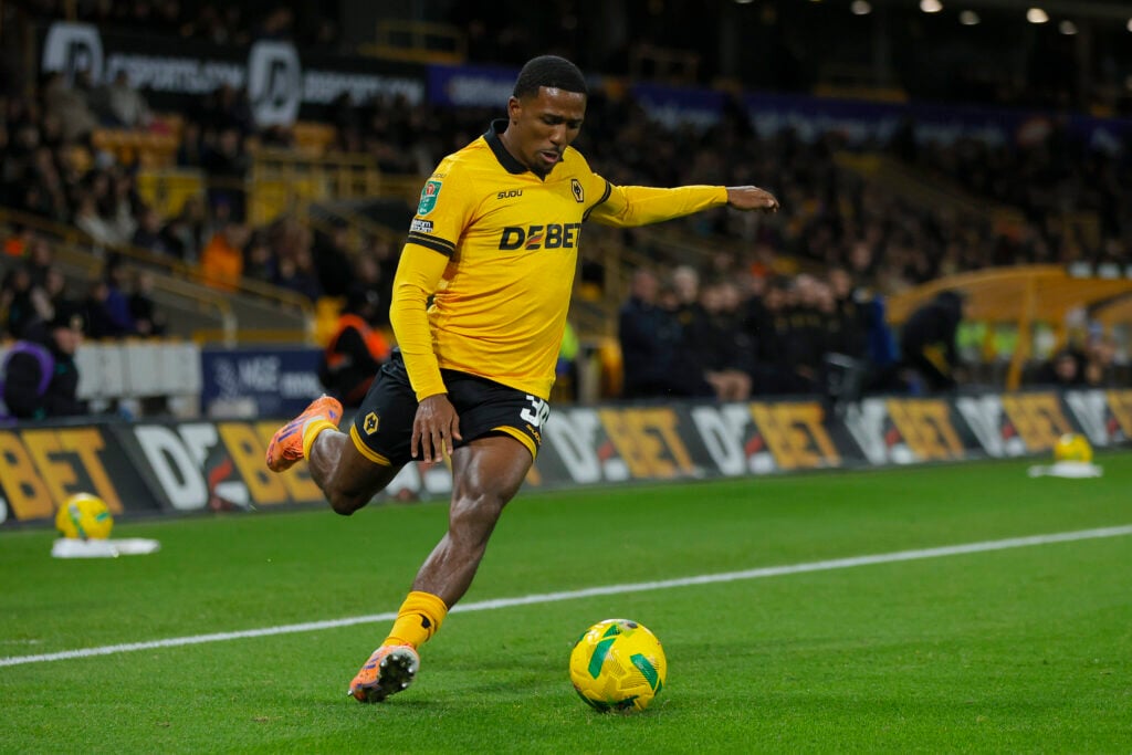 Jackson Tchatchoua of Wolverhampton Wanderers crosses the ball during the Carabao Cup Fourth Round match between Wolverhampton Wanderers and Chelsea